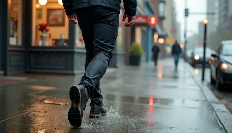 Budget techwear pants in rainy city walking commute