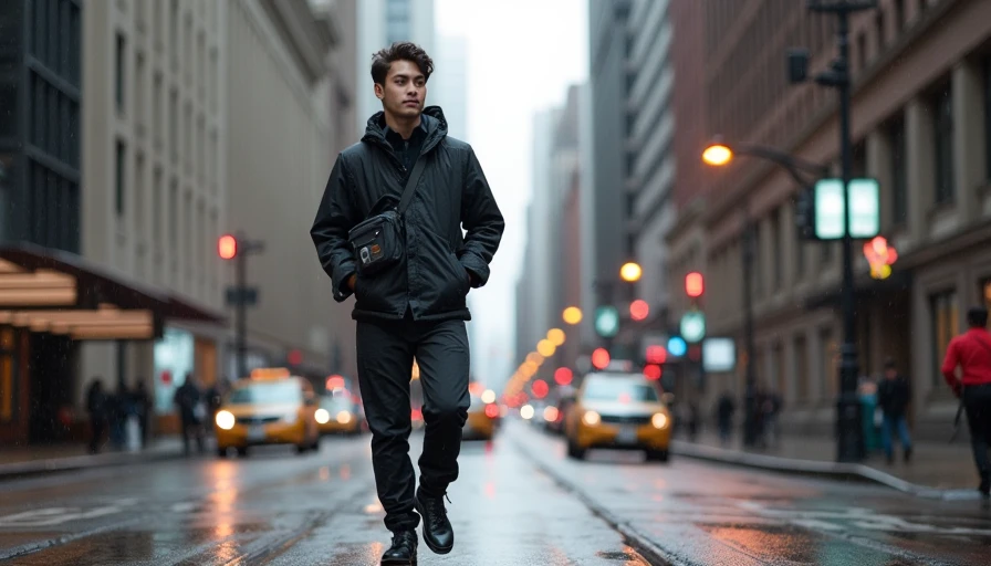 Entry-level techwear outfit in urban rain