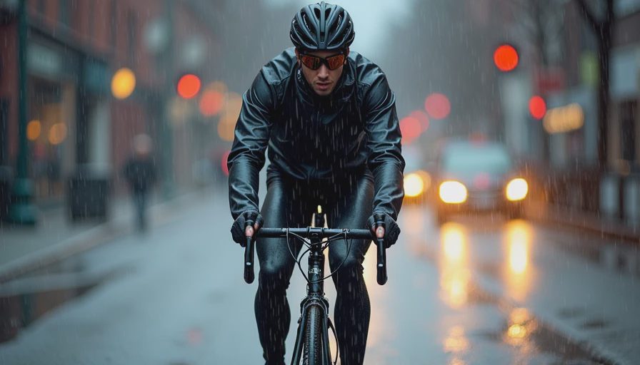 Ventilation in action during active commute Techwear shell with pit zips open during rainy bike commute