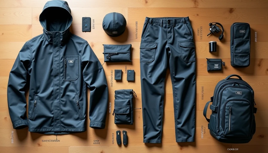 Labeled techwear pocket layout flat lay