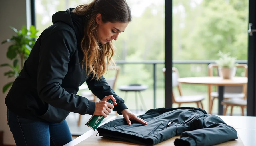 Woman applying DWR reproofing to techwear shell