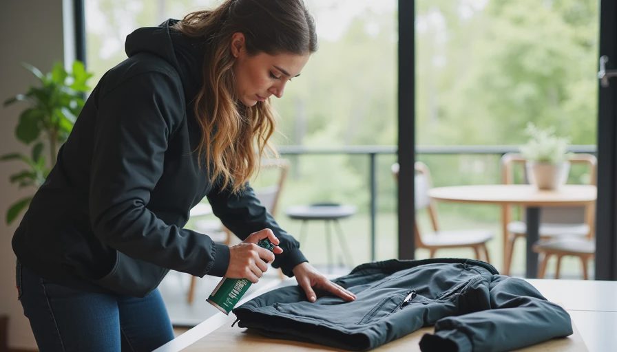 Proper maintenance and reproofing process Woman applying DWR reproofing to techwear shell