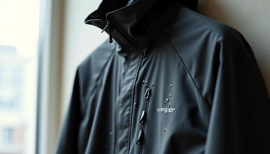 Black techwear hardshell jacket showing water beading