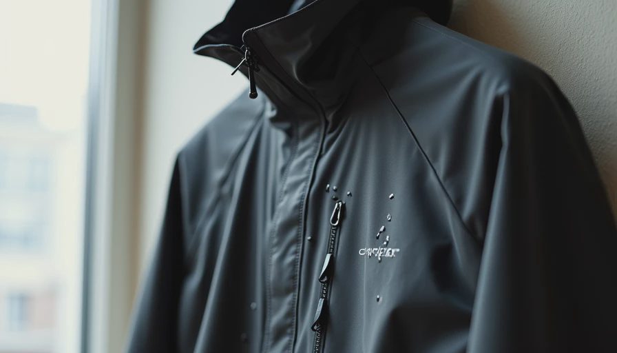 First shell - water resistance in action Black techwear hardshell jacket showing water beading