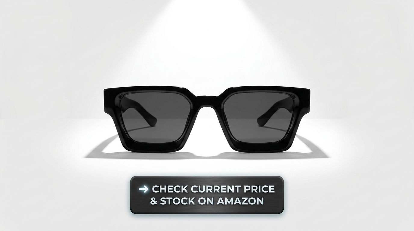Thick black rectangle sunglasses centered on light grey background with dramatic single spotlight and shop button below