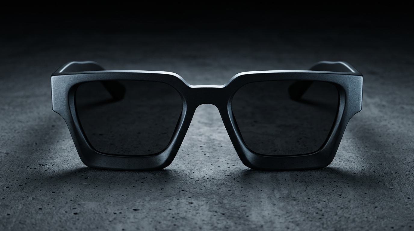 Thick matte black rectangle sunglasses with brutalist frame on dark grey concrete surface, front-facing symmetrical composition