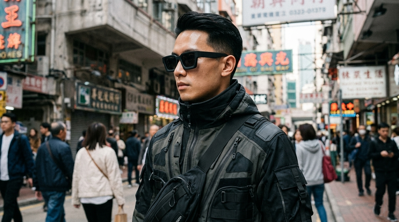 Person wearing thick black rectangle sunglasses with techwear outfit including dark cargo pants and structured jacket
