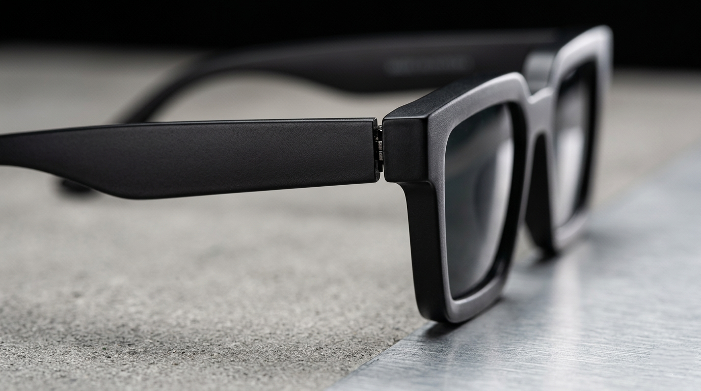 Close-up macro shot of thick matte black rectangle sunglasses showing side profile, temple thickness, and hinge detail